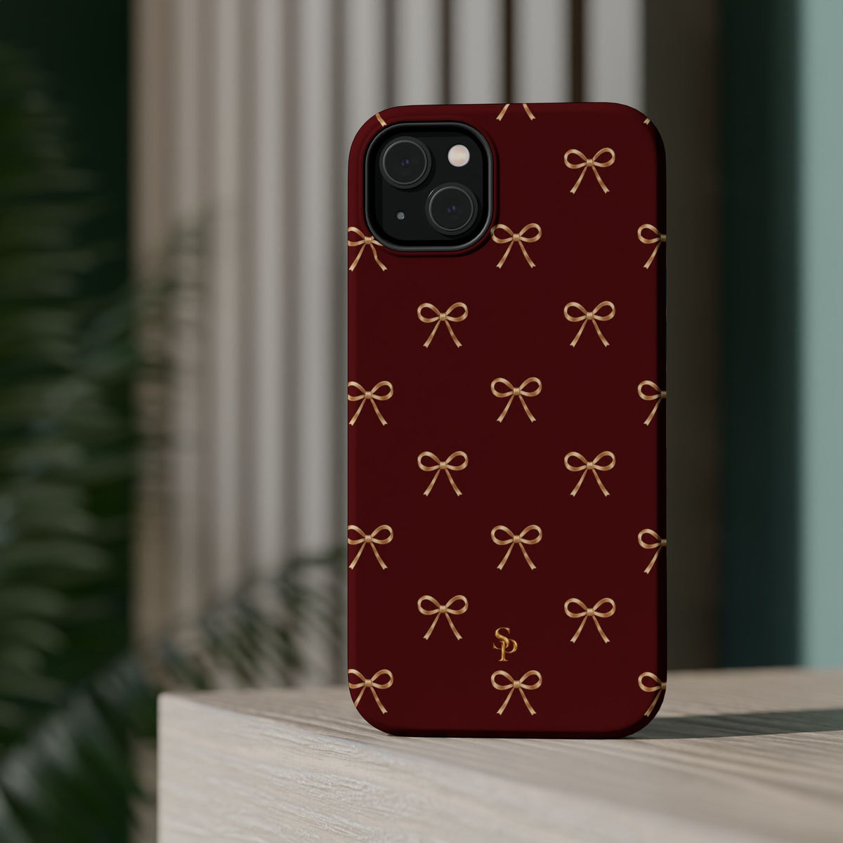 Burgundy Festive Gold Bow Magnetic Phone Case
