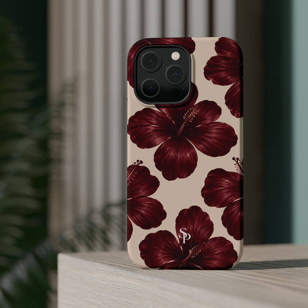 Burgundy Hibiscus Floral Magnetic Phone Case