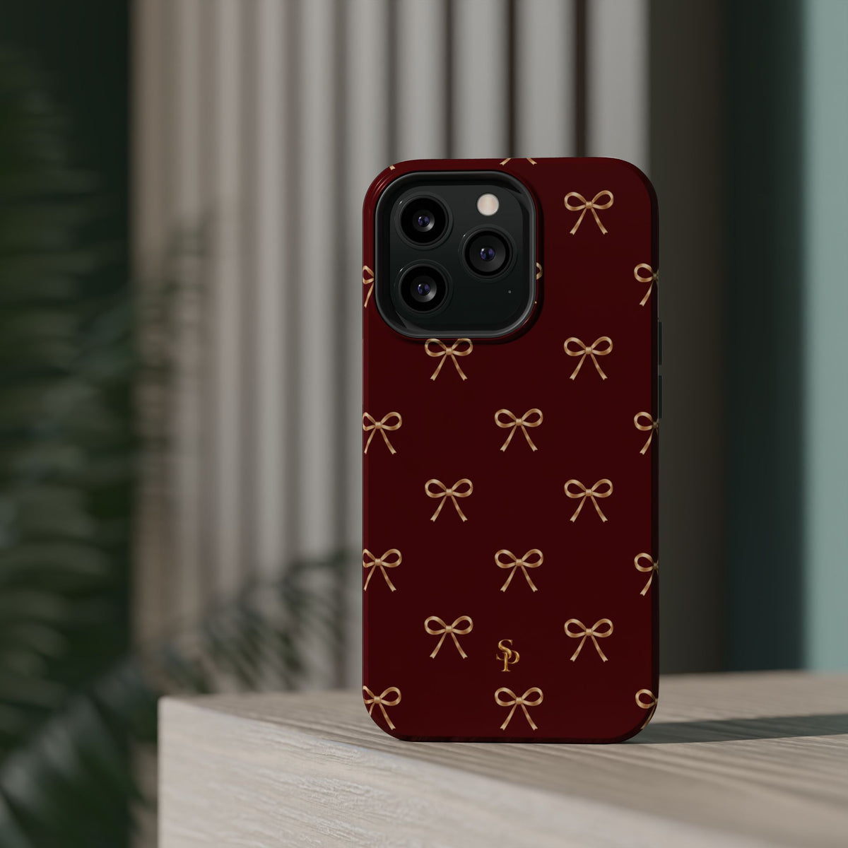 Burgundy Festive Gold Bow Magnetic Phone Case