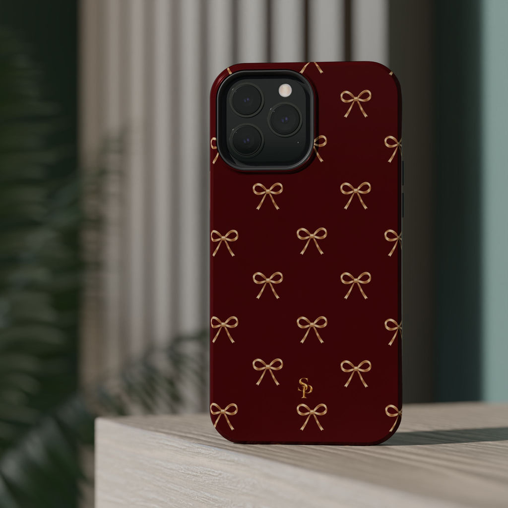 Burgundy Festive Gold Bow Magnetic Phone Case