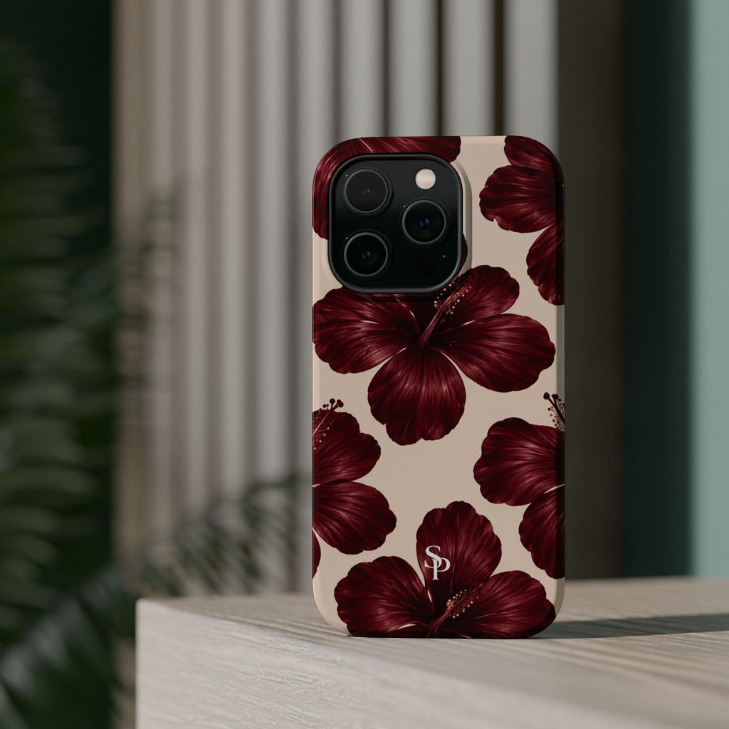 Burgundy Hibiscus Floral Magnetic Phone Case