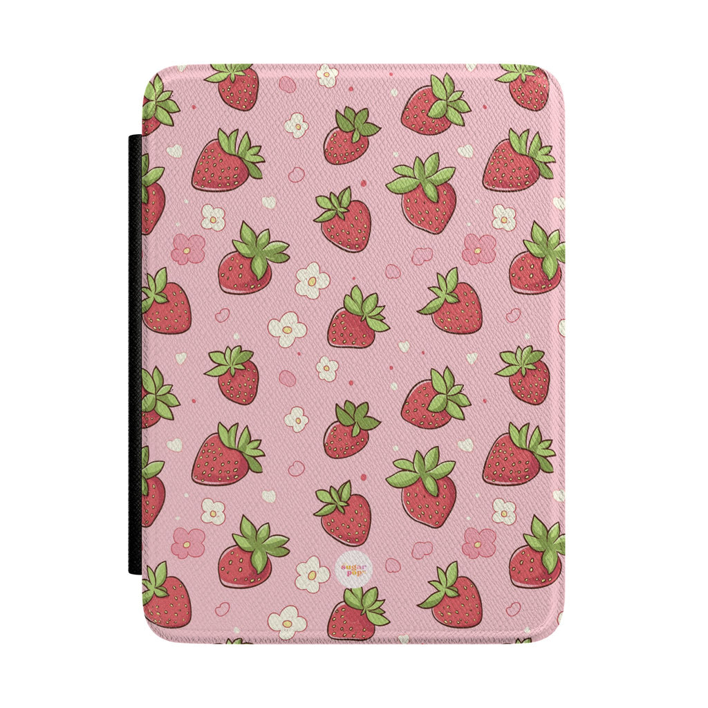 Strawberry Pattern Kindle Case — Pink Cute Floral E-Reader Cover