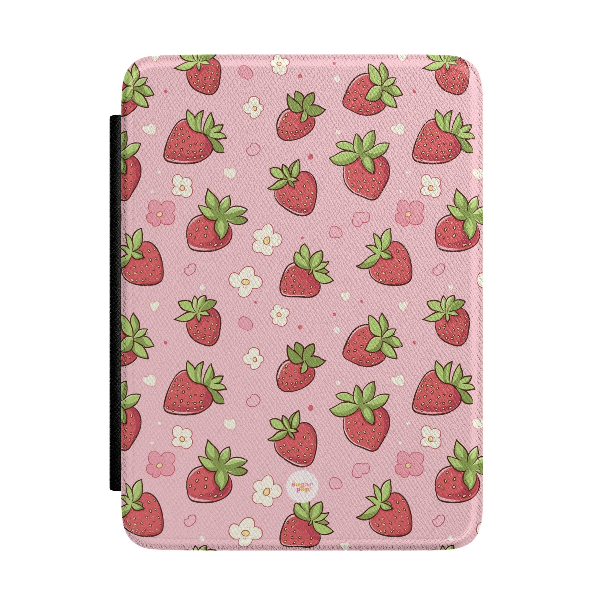 Strawberry Pattern Kindle Case — Pink Cute Floral E-Reader Cover