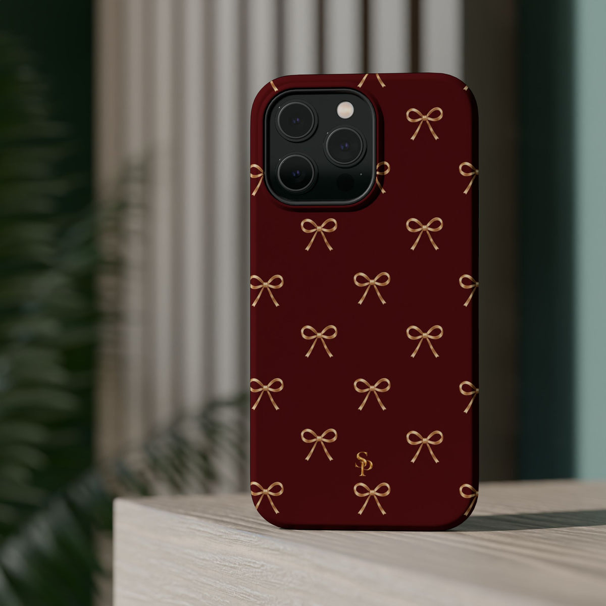 Burgundy Festive Gold Bow Magnetic Phone Case