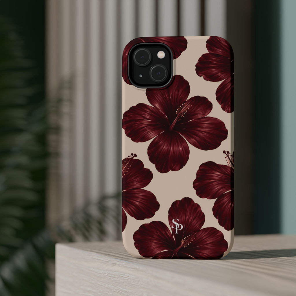 Burgundy Hibiscus Floral Magnetic Phone Case