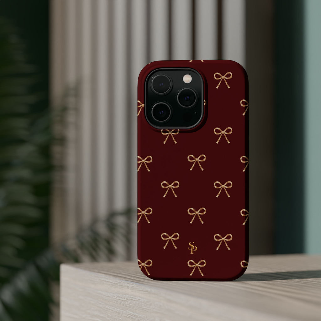 Burgundy Festive Gold Bow Magnetic Phone Case