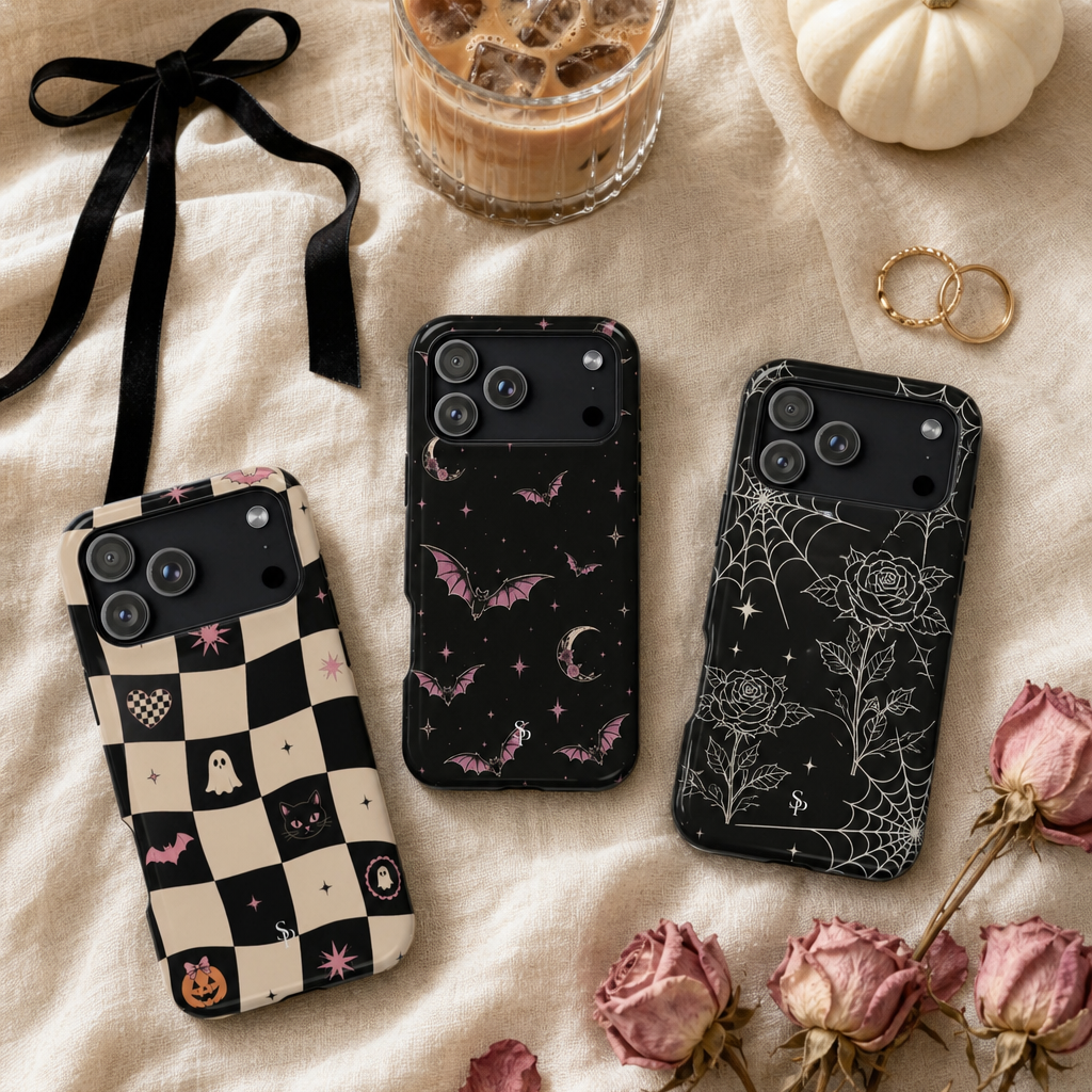 Three Halloween-themed phone cases displayed on a beige linen fabric background with styled props including an iced coffee, a small white pumpkin, rings, and dried roses. The cases feature a black-and-cream checkerboard with ghosts and pumpkins, pink bats and moons on black, and white spiderwebs and roses on black.