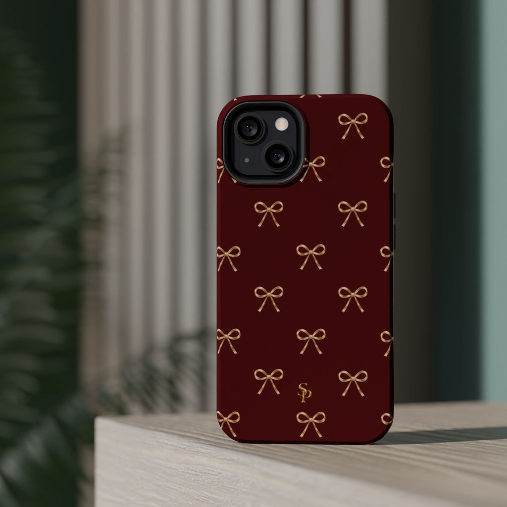Burgundy Festive Gold Bow Magnetic Phone Case