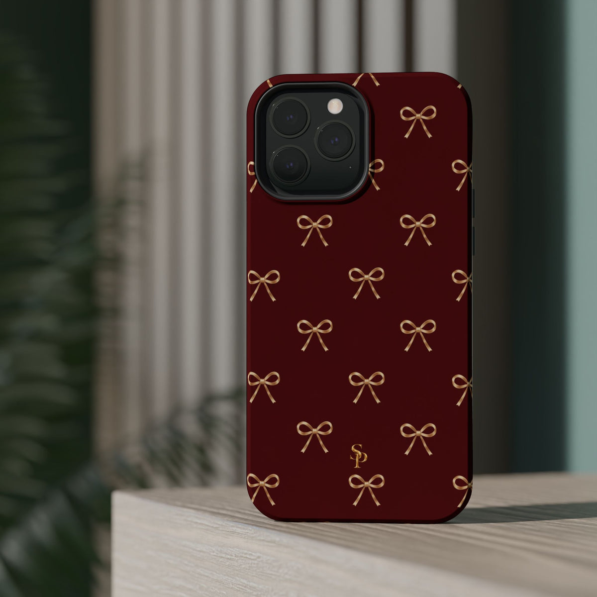 Burgundy Festive Gold Bow Magnetic Phone Case