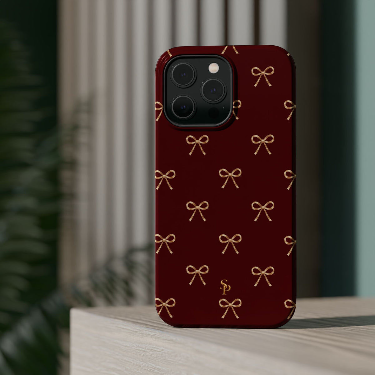 Burgundy Festive Gold Bow Magnetic Phone Case