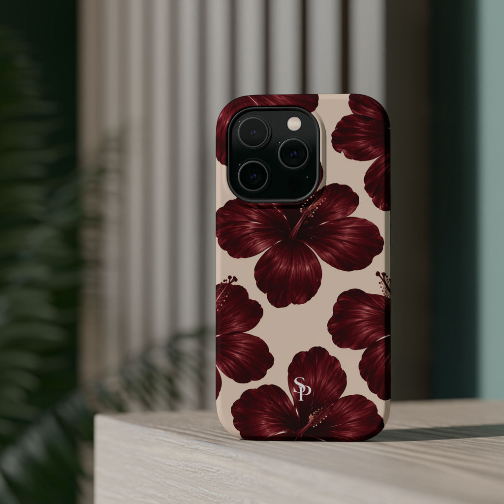 Burgundy Hibiscus Floral Magnetic Phone Case