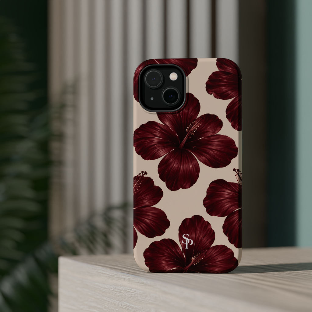 Burgundy Hibiscus Floral Magnetic Phone Case