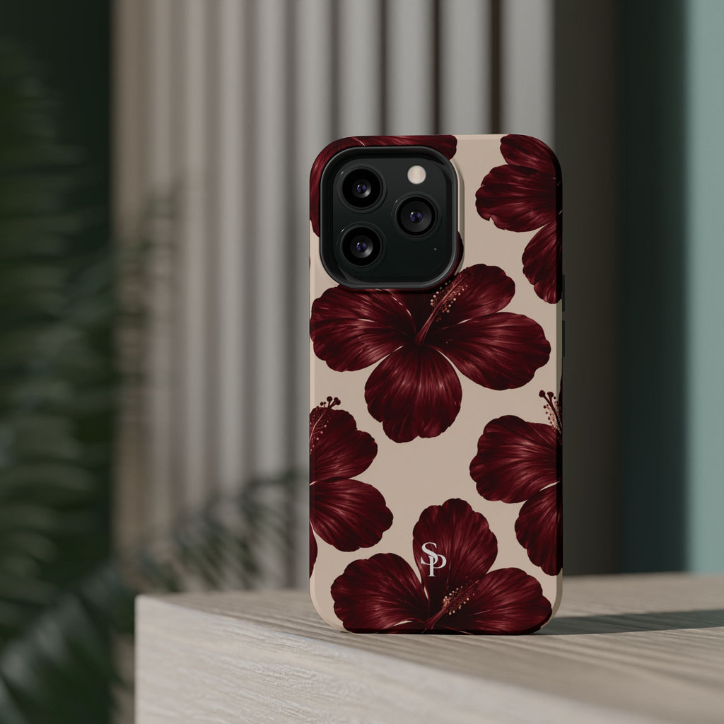 Burgundy Hibiscus Floral Magnetic Phone Case